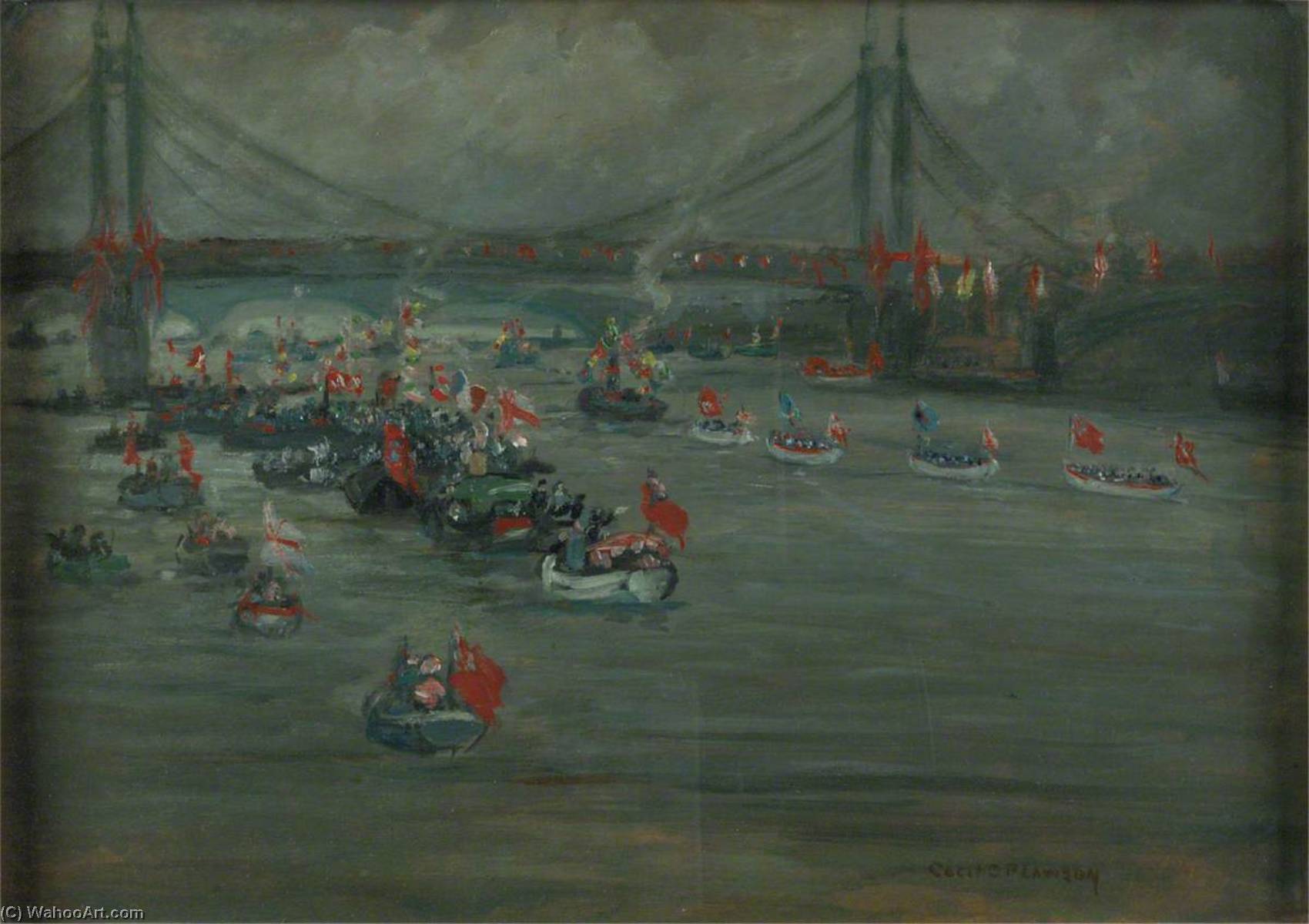 Wikioo.org - The Encyclopedia of Fine Arts - Painting, Artwork by Cecil Constant Philip Lawson - The Peace Pageant River Procession Approaching the Albert Bridge and Battersea Bridge, 4 August 1919