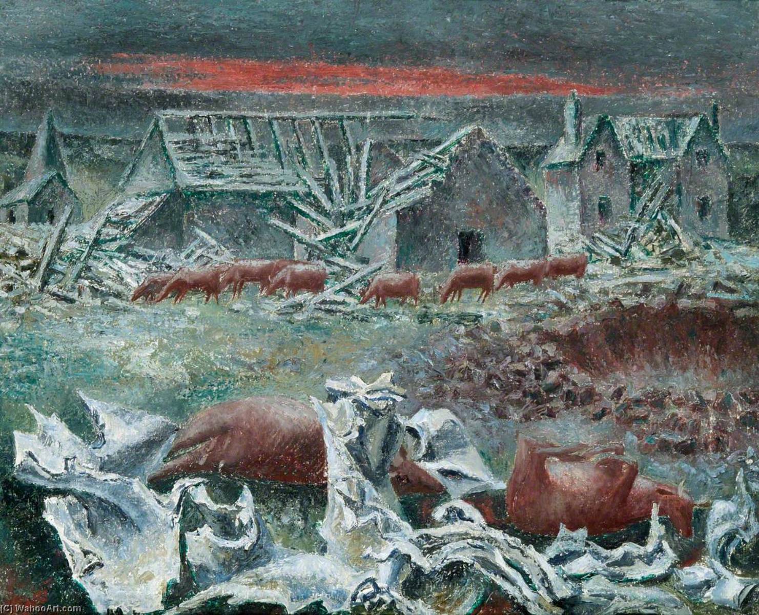 WikiOO.org - Enciclopedia of Fine Arts - Pictura, lucrări de artă Kaff Gerrard - Bomb Damage with Cows