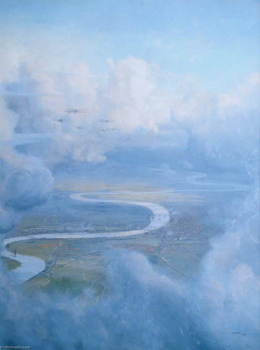 Wikioo.org - The Encyclopedia of Fine Arts - Painting, Artwork by Harold Wyllie - The Aerial Watch on the Rhine A Formation of DH9a Machines on Patrol over Cologne, Army of Occupation, 1918