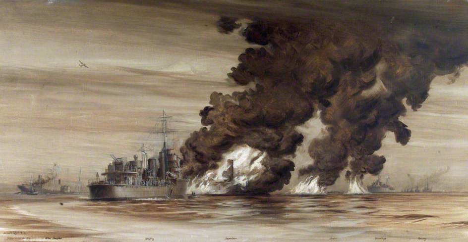 Wikioo.org - The Encyclopedia of Fine Arts - Painting, Artwork by Harold Wyllie - HMS 'Whitley' Coming to the Rescue of 'MV Inverlane', Badly Damaged and on Fire after the Convoy Entered a Mine Field in the North Sea, 14 December 1939