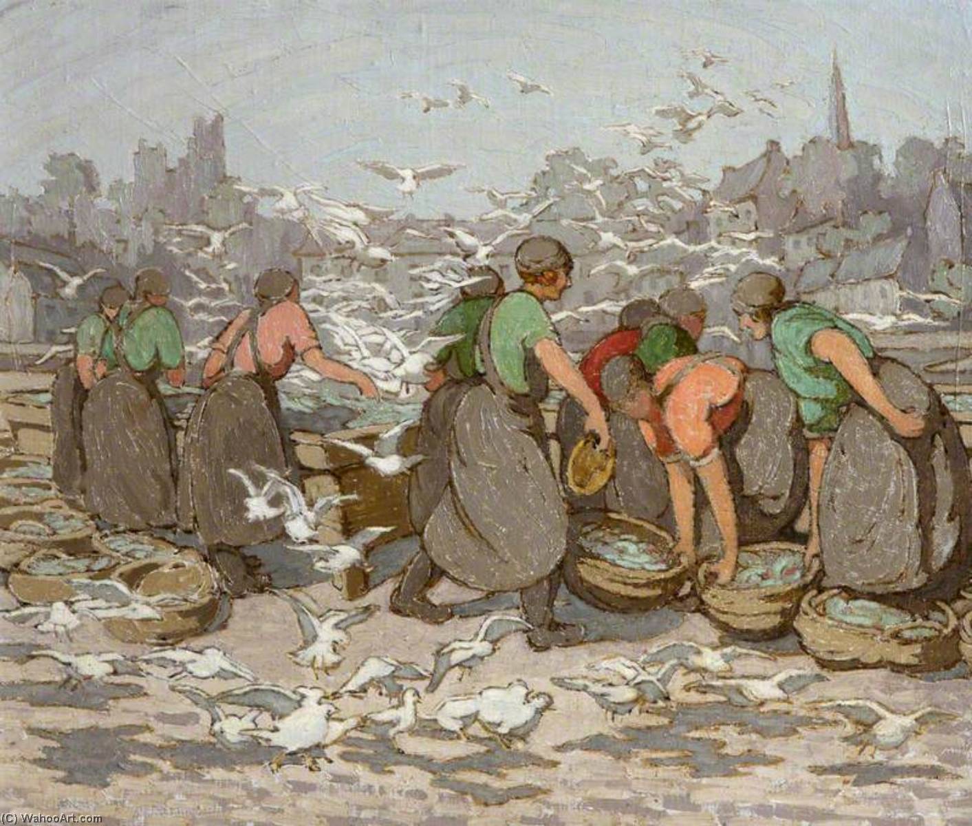 Wikioo.org - The Encyclopedia of Fine Arts - Painting, Artwork by Georgina Moutray Kyle - Girls and Gulls at Ardglass
