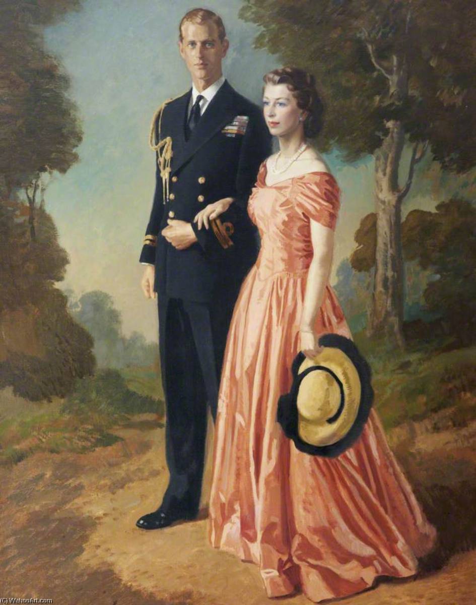 Wikioo.org - The Encyclopedia of Fine Arts - Painting, Artwork by Edward Irvine Halliday - Her Royal Highness Princess Elizabeth (b.1926), and the Duke of Edinburgh (b.1921)