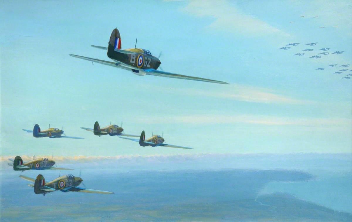 WikiOO.org - Encyclopedia of Fine Arts - Lukisan, Artwork Roy Anthony Nockolds - Hurricanes of 32 Squadron Attacking Dorniers over the East Coast, 1940