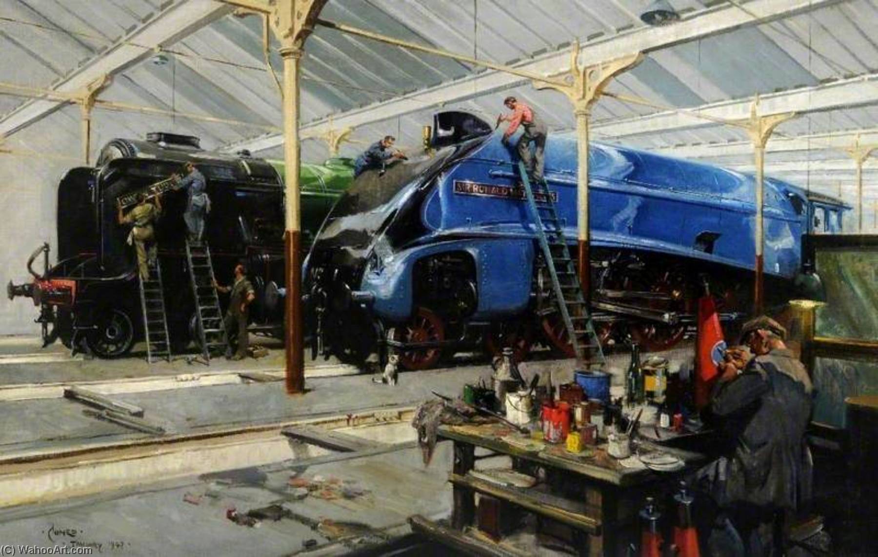 Wikioo.org - The Encyclopedia of Fine Arts - Painting, Artwork by Terence Tenison Cuneo - Giants Refreshed Pacifics in the Doncaster Locomotive Works