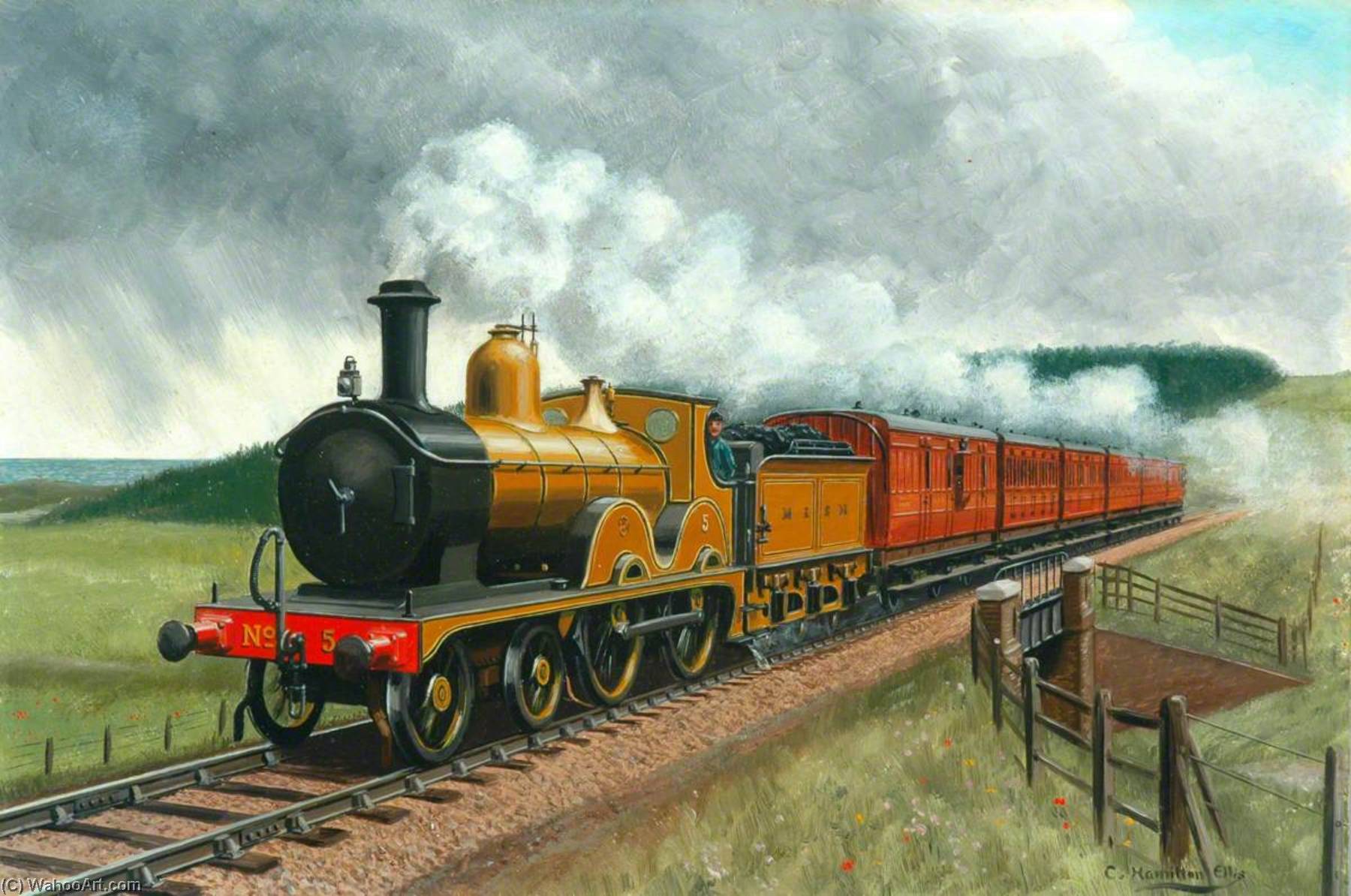 Wikioo.org - The Encyclopedia of Fine Arts - Painting, Artwork by Cuthbert Hamilton Ellis - Midland and Great Northern Joint Railway 4–4–0 Locomotive No.5