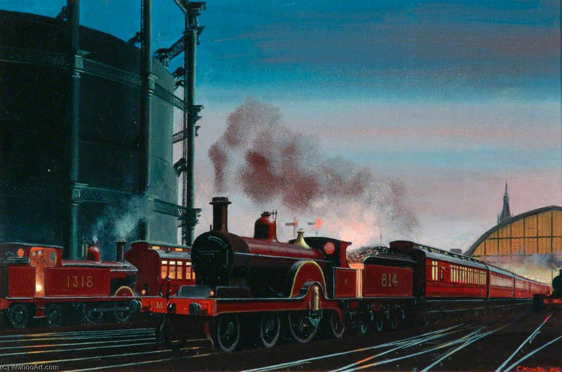 Wikioo.org - The Encyclopedia of Fine Arts - Painting, Artwork by Cuthbert Hamilton Ellis - Midland Railway 4–2–2 Locomotive No.614 Hauling Passenger Train out of St Pancras Station
