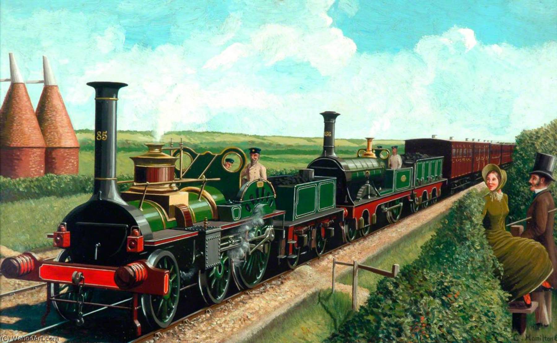 WikiOO.org - Εγκυκλοπαίδεια Καλών Τεχνών - Ζωγραφική, έργα τέχνης Cuthbert Hamilton Ellis - South Eastern Railway Train in Kent Countryside Hauled by 4–2–0 Locomotives Nos.85 and 136