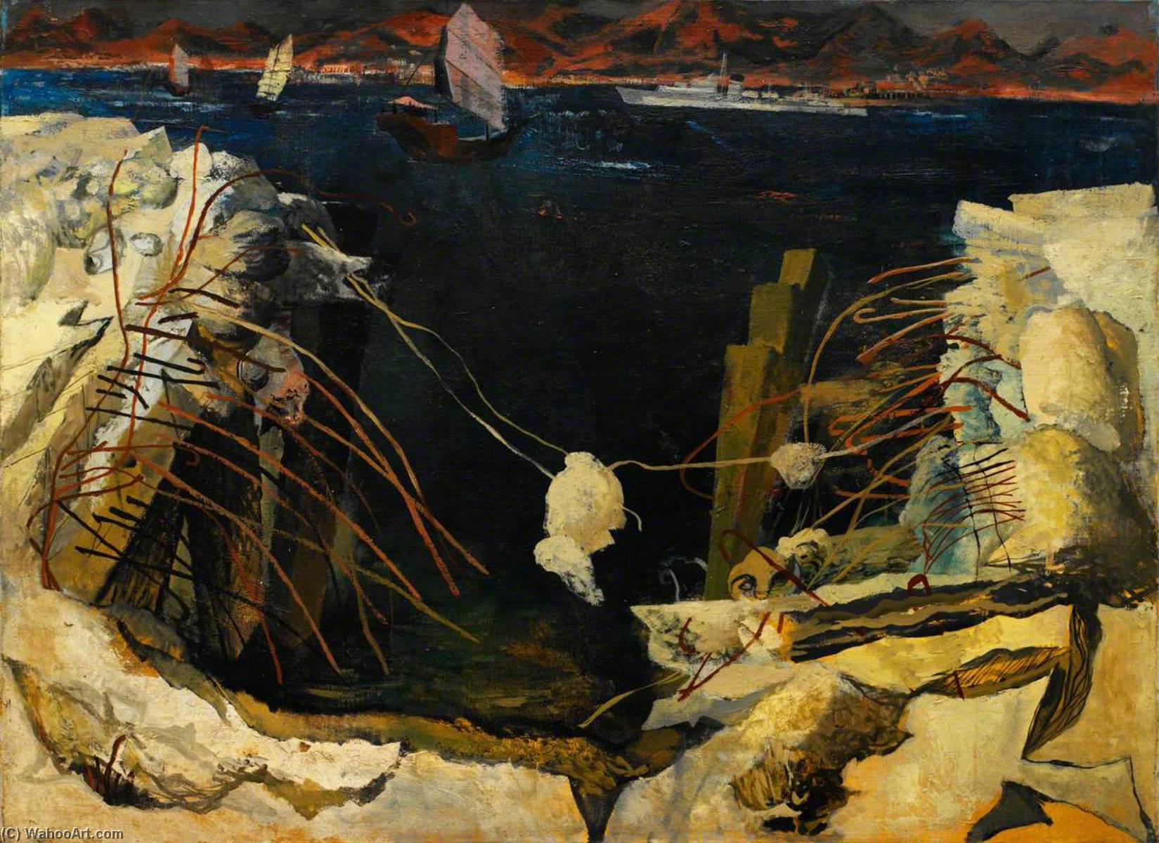 Wikioo.org - The Encyclopedia of Fine Arts - Painting, Artwork by Leonard Henry Rosoman - A Crater in the Naval Dockyard, Hong Kong