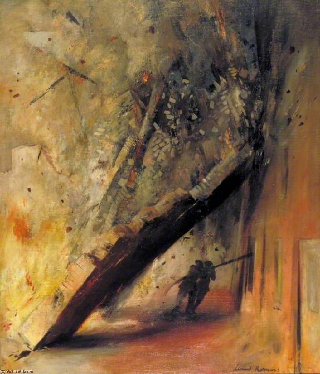 Wikioo.org - The Encyclopedia of Fine Arts - Painting, Artwork by Leonard Henry Rosoman - A House Collapsing on Two Firemen, Shoe Lane, London, EC4