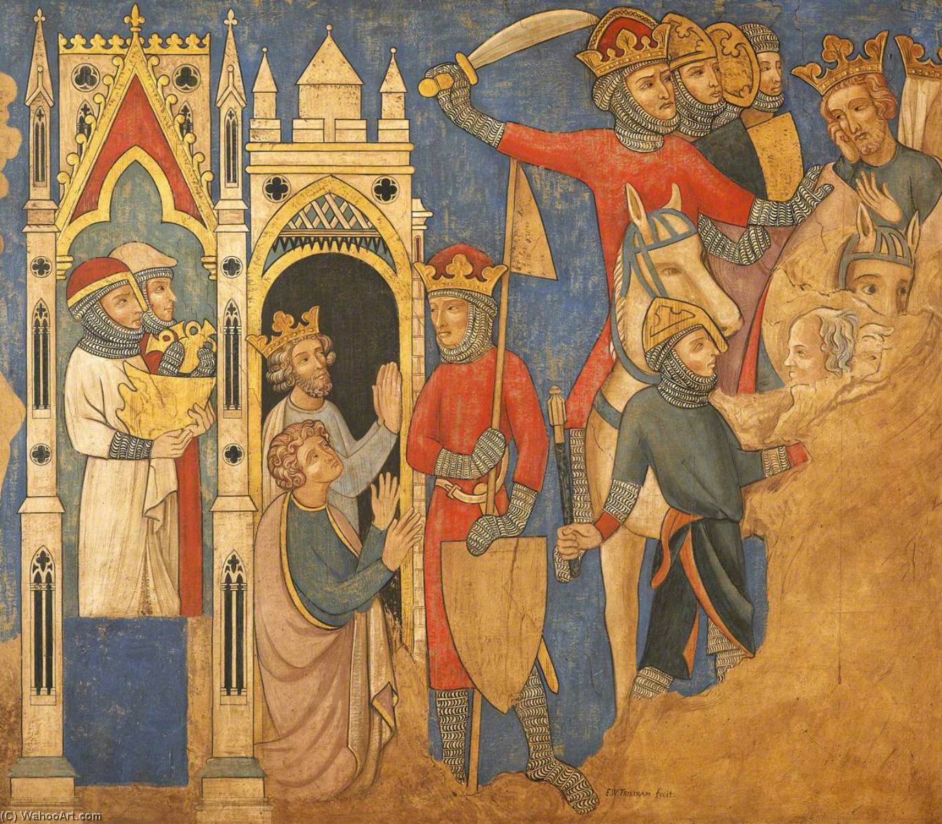 Wikioo.org - The Encyclopedia of Fine Arts - Painting, Artwork by Ernest William Tristram - Reconstruction of Medieval Mural Painting, the Continuation of the Captivity of the Jews