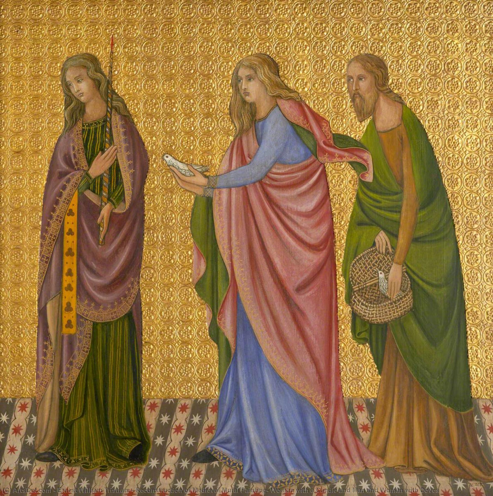 Wikioo.org - The Encyclopedia of Fine Arts - Painting, Artwork by Ernest William Tristram - Reconstruction of Medieval Mural Painting, Woman with a Candle and Man and Woman with Doves