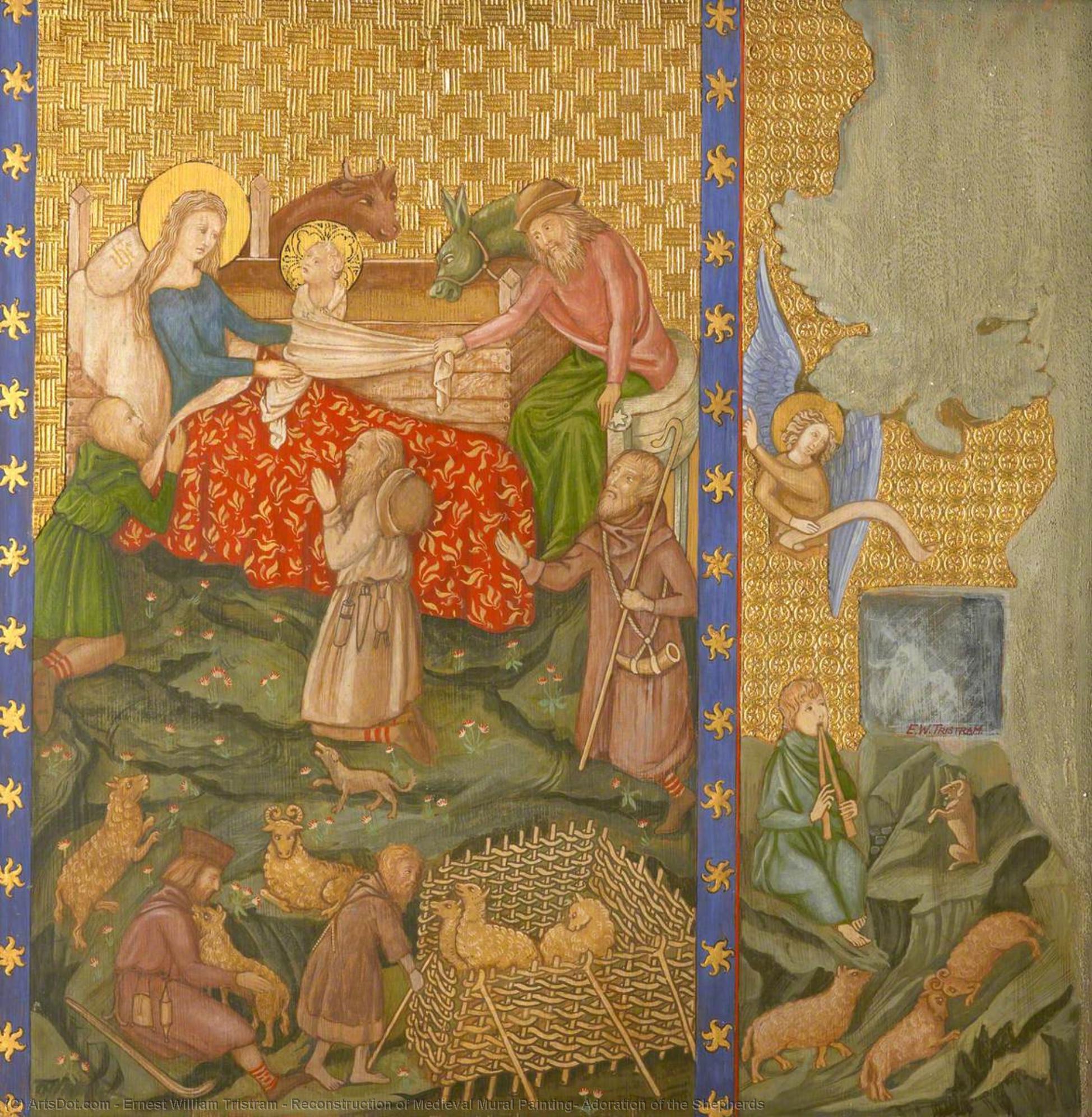 Wikioo.org - The Encyclopedia of Fine Arts - Painting, Artwork by Ernest William Tristram - Reconstruction of Medieval Mural Painting, Adoration of the Shepherds