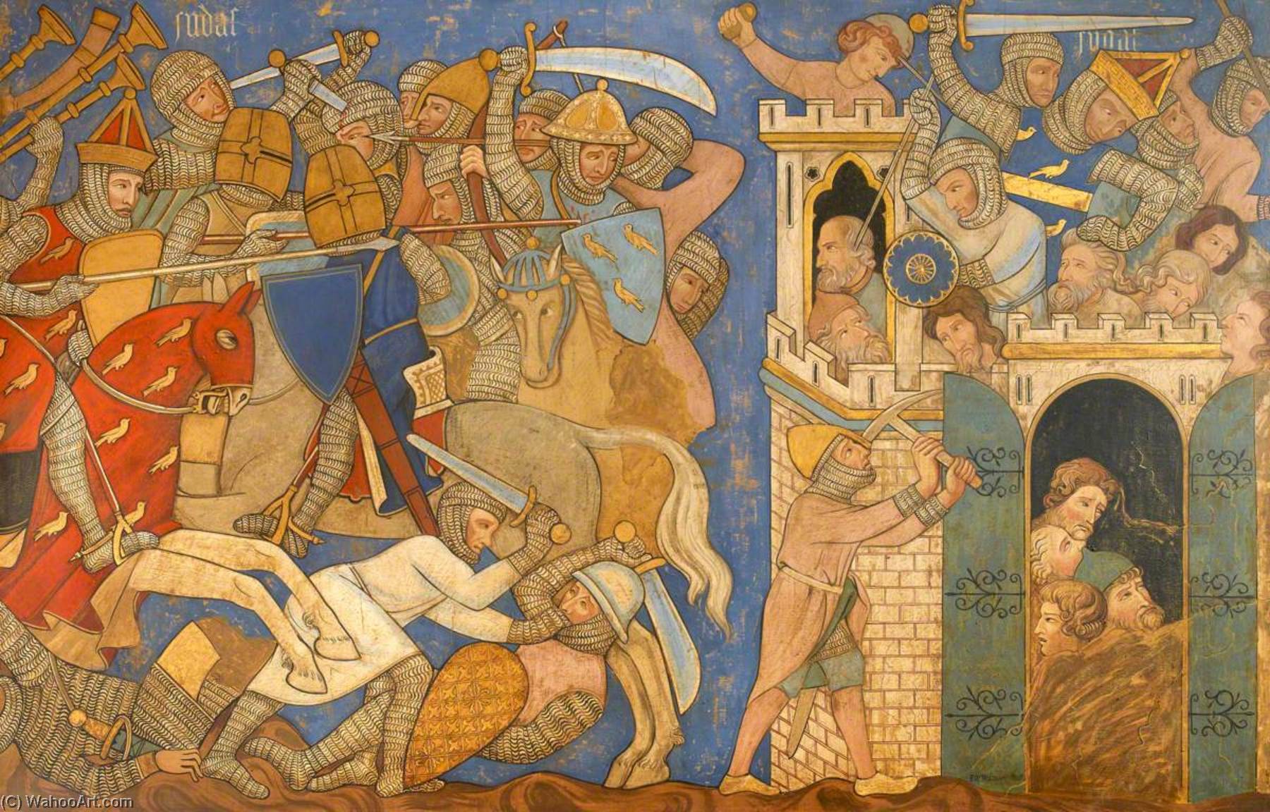 Wikioo.org - The Encyclopedia of Fine Arts - Painting, Artwork by Ernest William Tristram - Reconstruction of Medieval Mural Painting, Battle of Judas Maccabeus with Timotheus and the Fall of Maspha