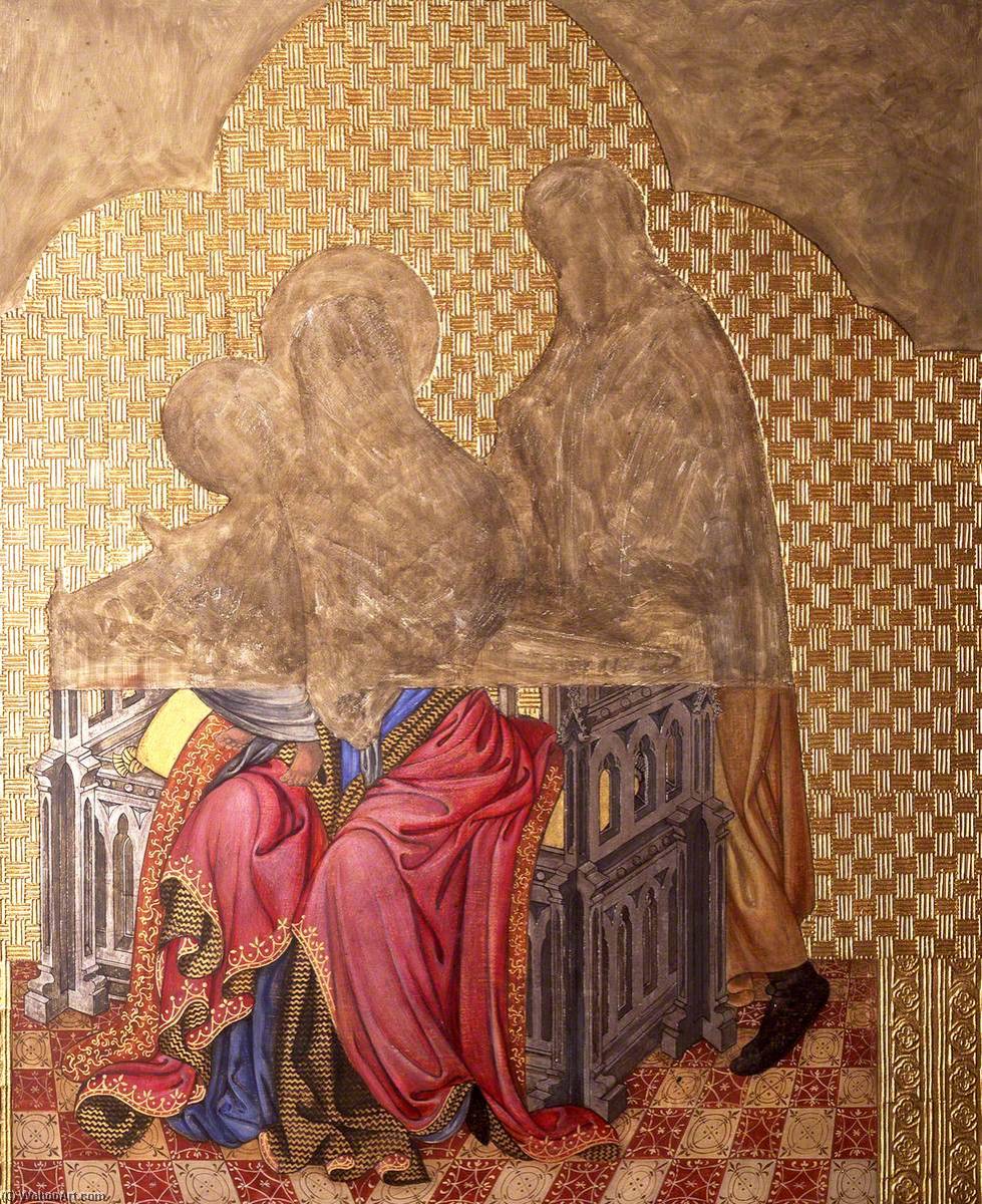 Wikioo.org - The Encyclopedia of Fine Arts - Painting, Artwork by Ernest William Tristram - Reconstruction of Medieval Mural Painting, Madonna and Child with Saint Joseph