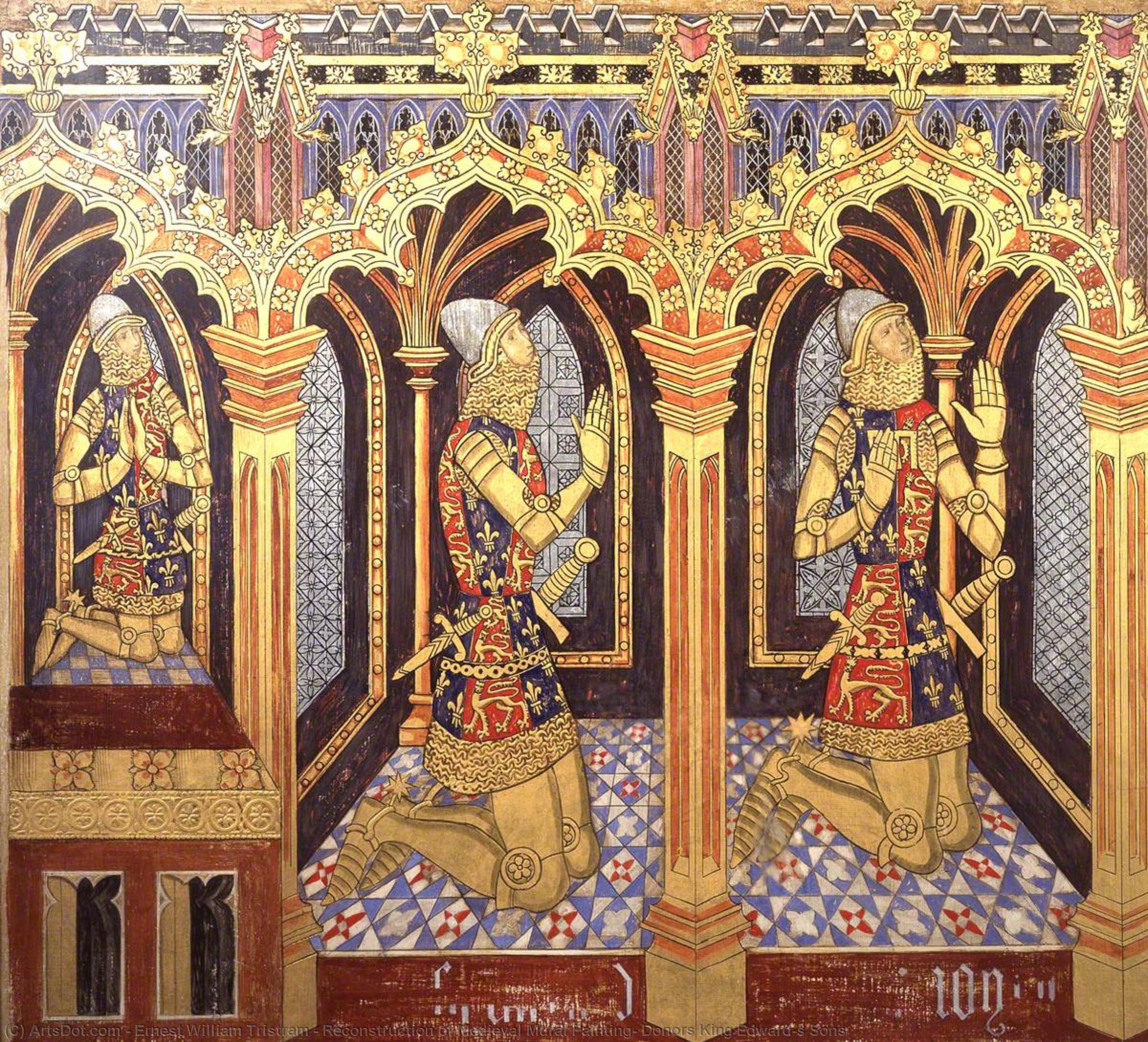 Wikioo.org - The Encyclopedia of Fine Arts - Painting, Artwork by Ernest William Tristram - Reconstruction of Medieval Mural Painting, Donors King Edward's Sons