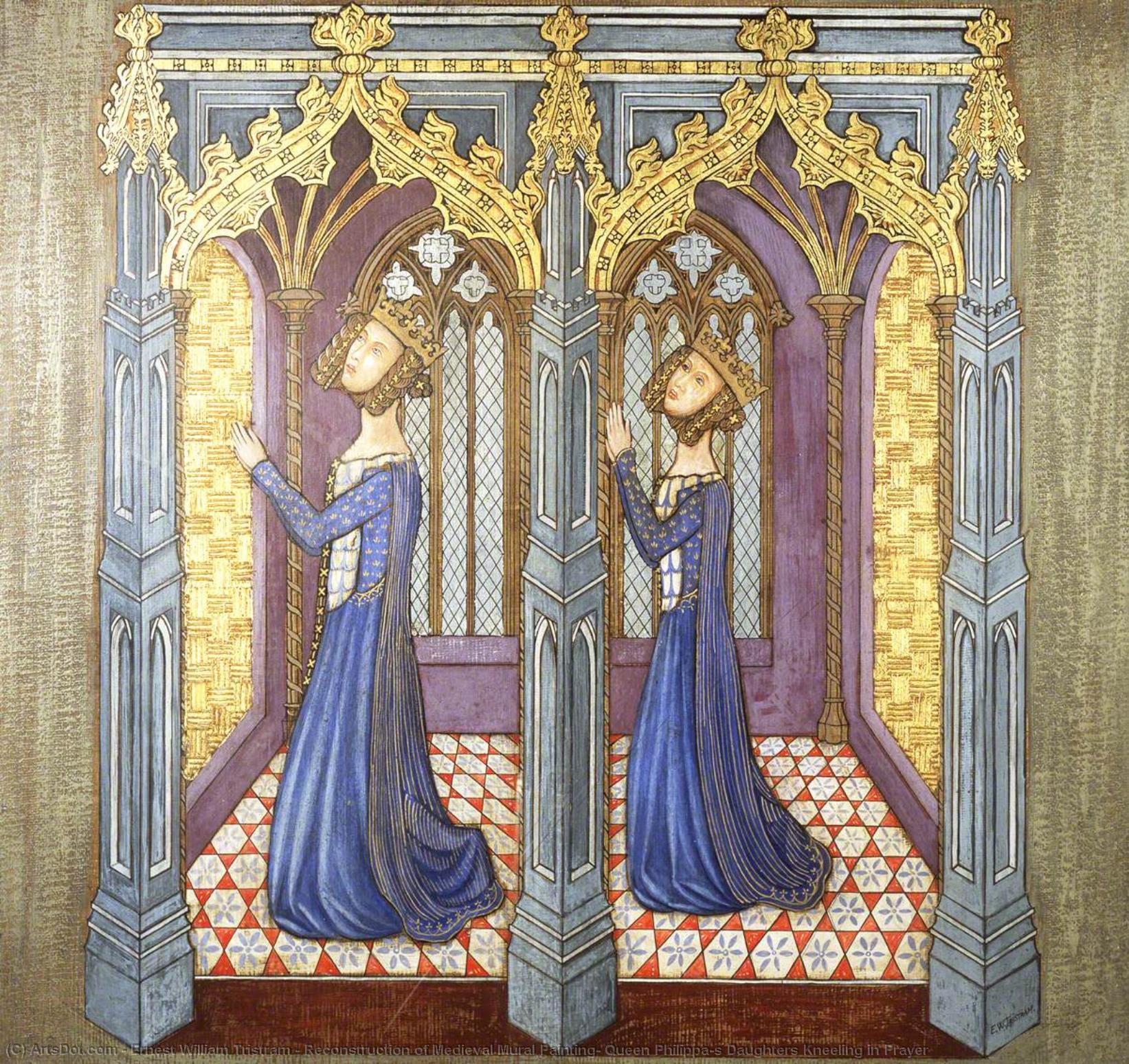 Wikioo.org - The Encyclopedia of Fine Arts - Painting, Artwork by Ernest William Tristram - Reconstruction of Medieval Mural Painting, Queen Philippa's Daughters Kneeling in Prayer
