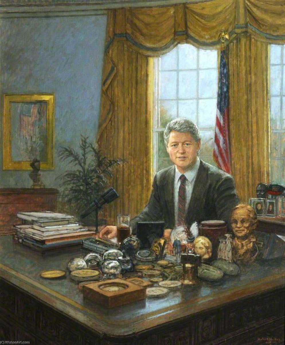 Wikioo.org - The Encyclopedia of Fine Arts - Painting, Artwork by Michael Noakes - Bill Clinton, 42nd President of the United States of America (1993–2001), Rhodes Scholar (Arkansas and University College, 1968), Seated at His White House Desk