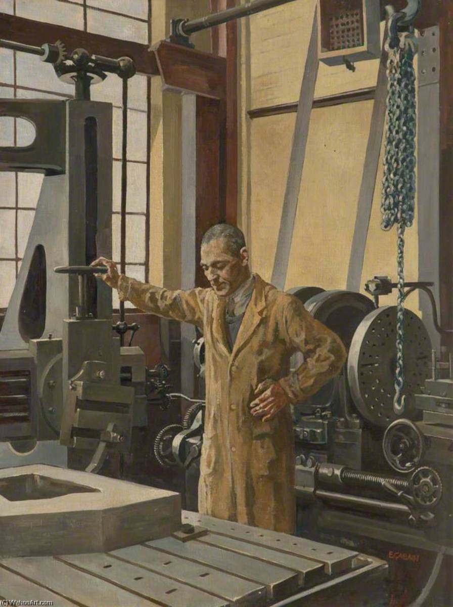 Wikioo.org - The Encyclopedia of Fine Arts - Painting, Artwork by Ethel Leontine Gabain - Machining a Blank for Jerricans at Williams Williams, Chester
