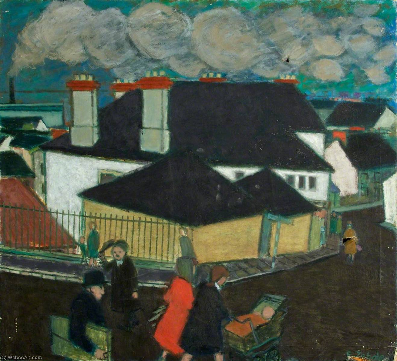 Wikioo.org - The Encyclopedia of Fine Arts - Painting, Artwork by Ernest Zobole - Figures with a Pram in a Street, Ystrad, c.1948–1950