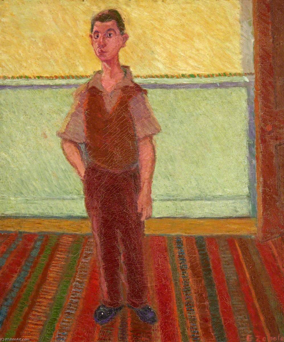 Wikioo.org - The Encyclopedia of Fine Arts - Painting, Artwork by Ernest Zobole - Self Portrait Standing on a Striped Carpet
