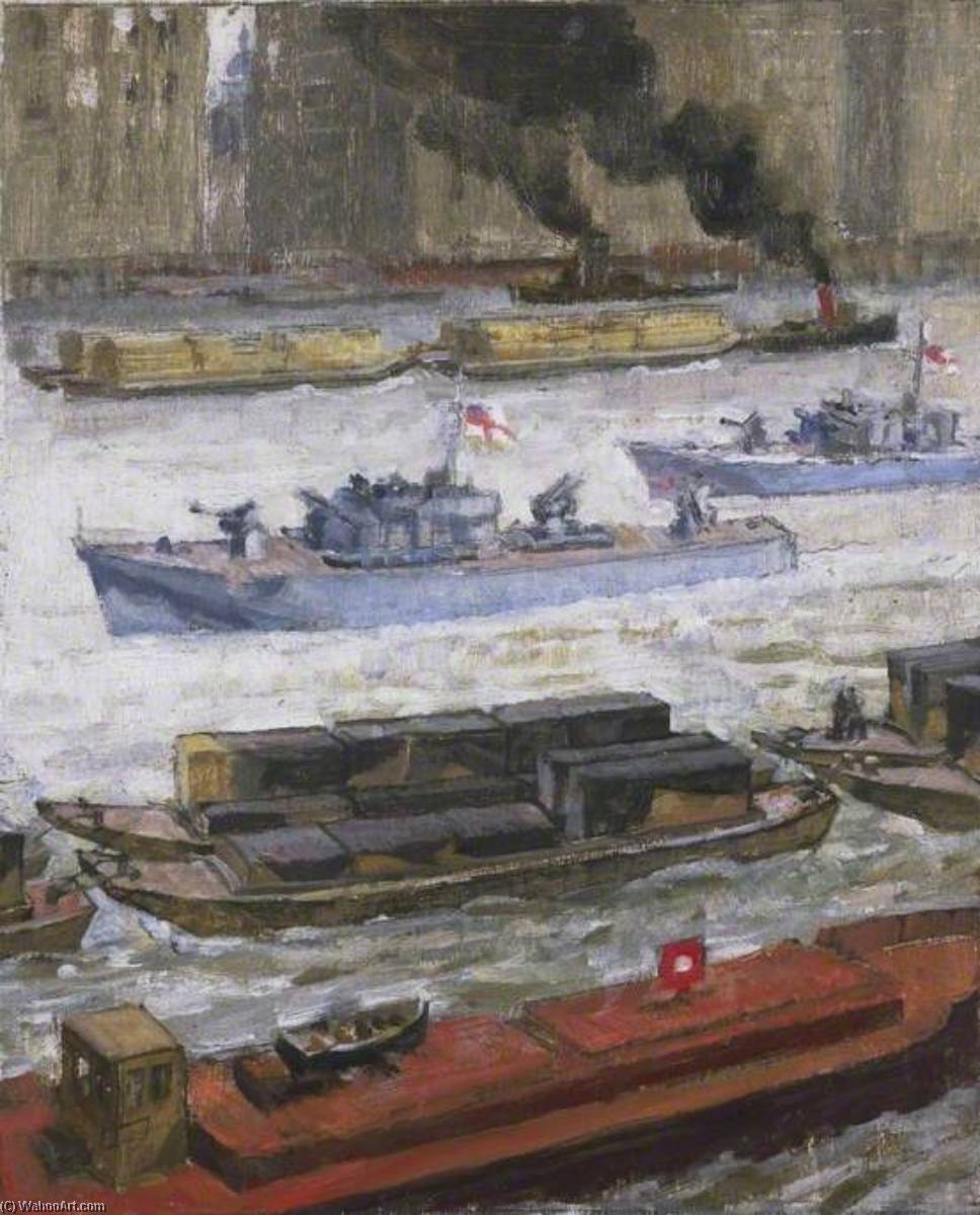 Wikioo.org - The Encyclopedia of Fine Arts - Painting, Artwork by John Edgar Platt - Wartime Traffic on the River Thames War Supplies at Paul's Wharf