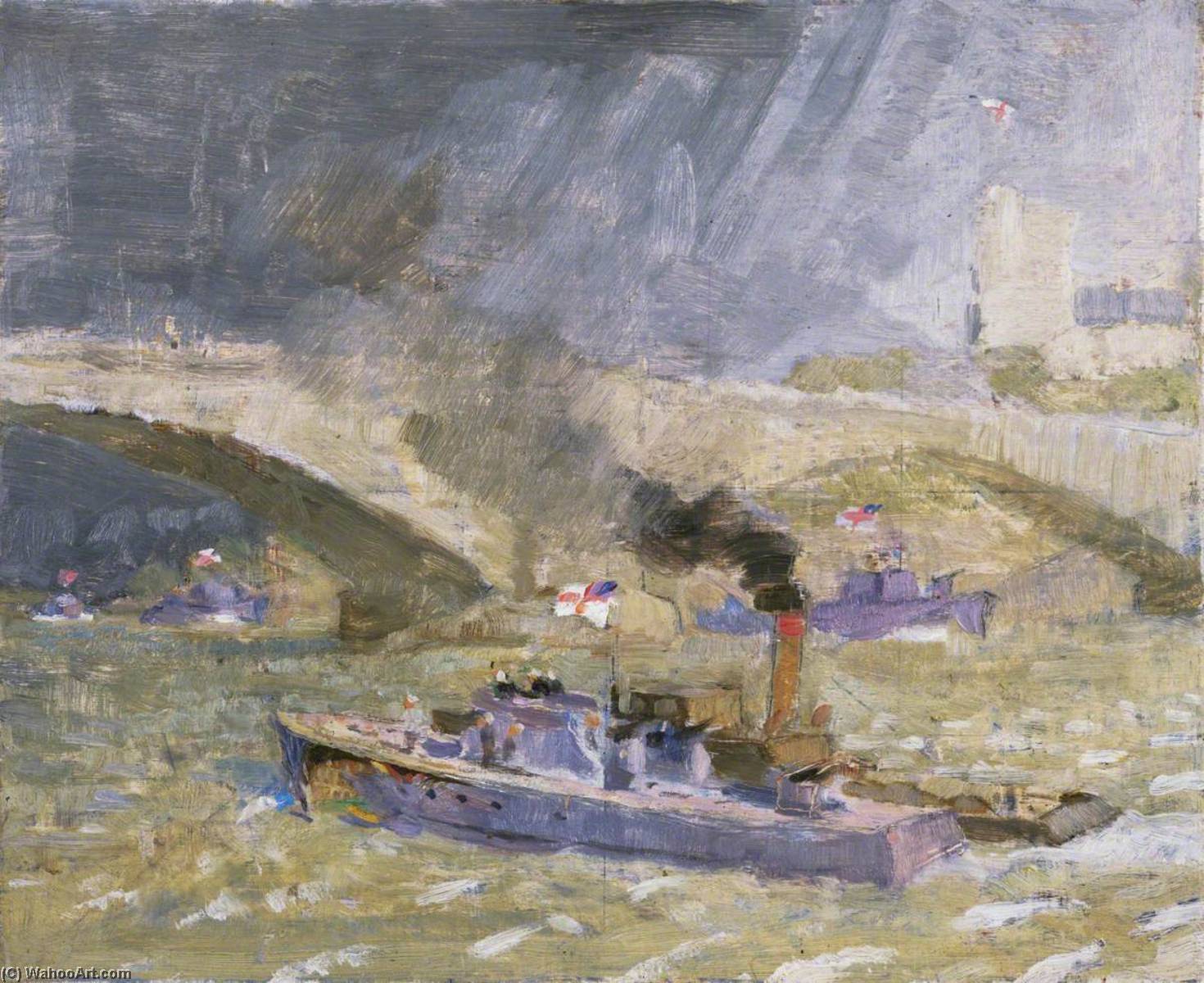 Wikioo.org - The Encyclopedia of Fine Arts - Painting, Artwork by John Edgar Platt - Wartime Traffic on the River Thames Upriver Repairs after the Dieppe Raid