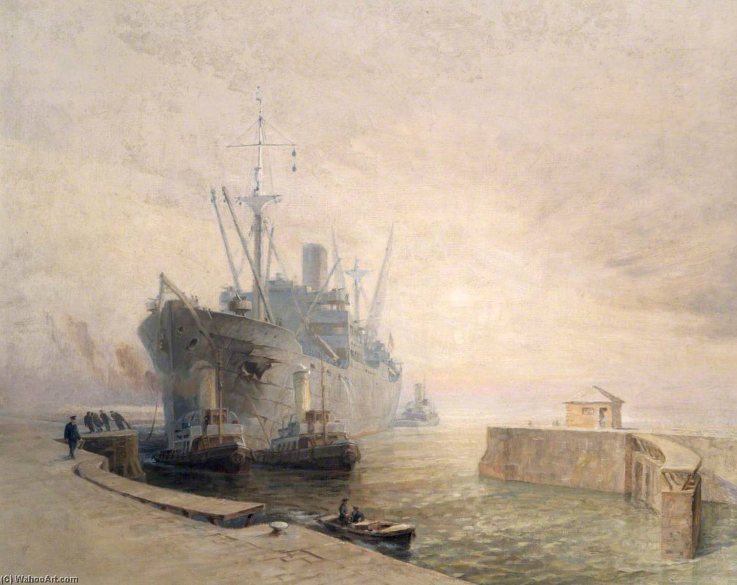 Wikioo.org - The Encyclopedia of Fine Arts - Painting, Artwork by John Edgar Platt - The Battle of the Atlantic A Cargo Ship Completes Another Crossing
