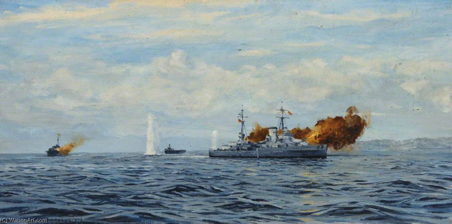 Wikioo.org - The Encyclopedia of Fine Arts - Painting, Artwork by Rowland Langmaid - HMS 'Orion' Bombarding a Coast