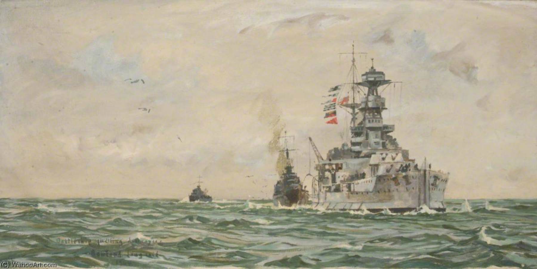 Wikioo.org - The Encyclopedia of Fine Arts - Painting, Artwork by Rowland Langmaid - HMS 'Malaya' Refuelling Destroyers at Sea