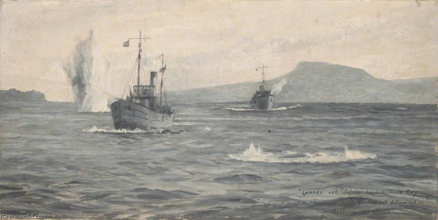 Wikioo.org - The Encyclopedia of Fine Arts - Painting, Artwork by Rowland Langmaid - HMS' Lanner' and 'Salvia' under Bomb Attack in Suda Bay, 1941