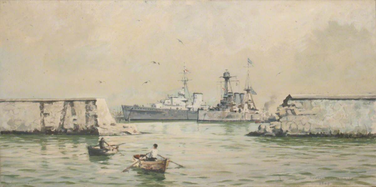 Wikioo.org - The Encyclopedia of Fine Arts - Painting, Artwork by Rowland Langmaid - The Greek Cruiser 'Averoff' at Piraeus