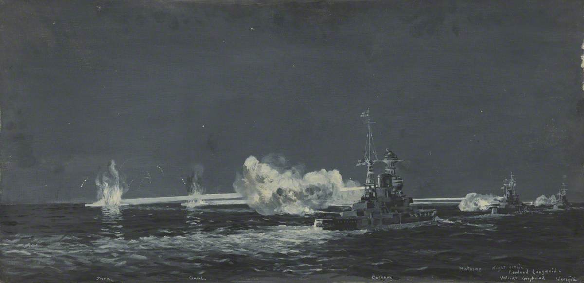 Wikioo.org - The Encyclopedia of Fine Arts - Painting, Artwork by Rowland Langmaid - The Battle of Matapan, 30 April 1941