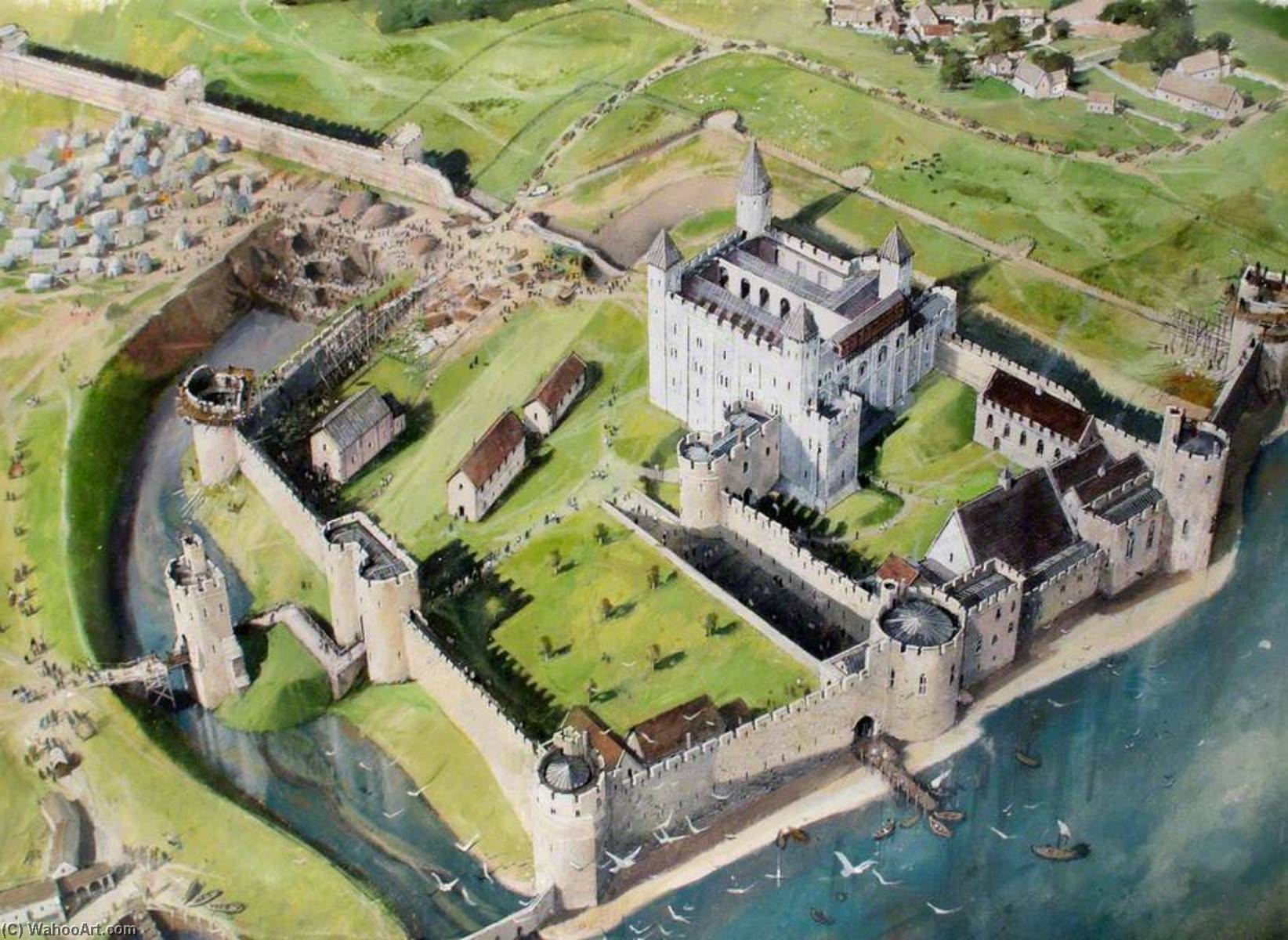 Wikoo.org - موسوعة الفنون الجميلة - اللوحة، العمل الفني Ivan Lapper - Reconstructed View of the Tower of London, Digging the New Moat, 1241