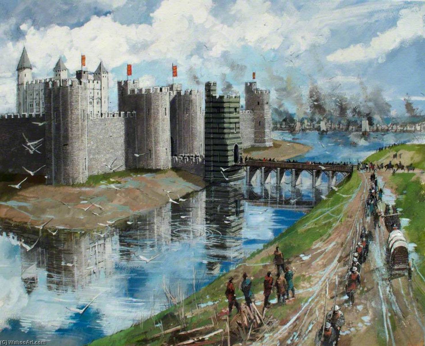 Wikioo.org - The Encyclopedia of Fine Arts - Painting, Artwork by Ivan Lapper - Reconstructed View of the Tower of London, Henry III's New Curtain Wall and Painted Gate, 1240