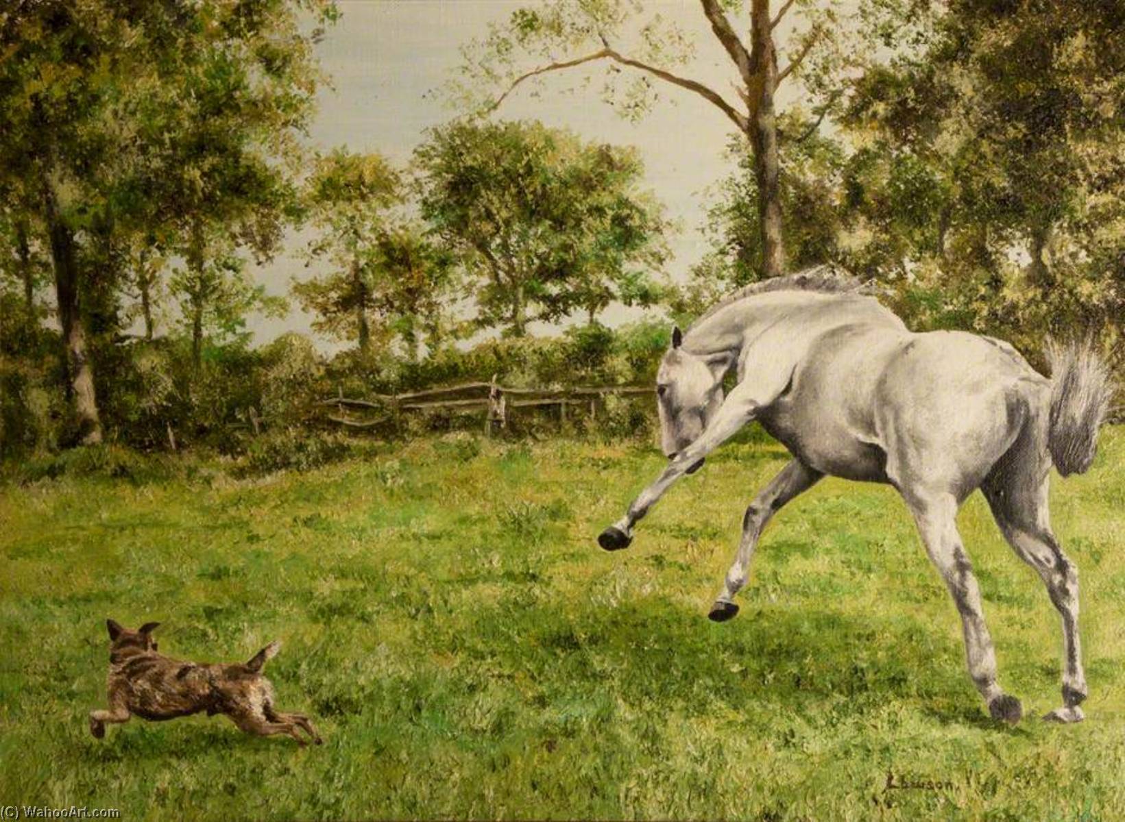 Wikioo.org - The Encyclopedia of Fine Arts - Painting, Artwork by John Andrew Lawson - Grey Horse and a Dog in a Field