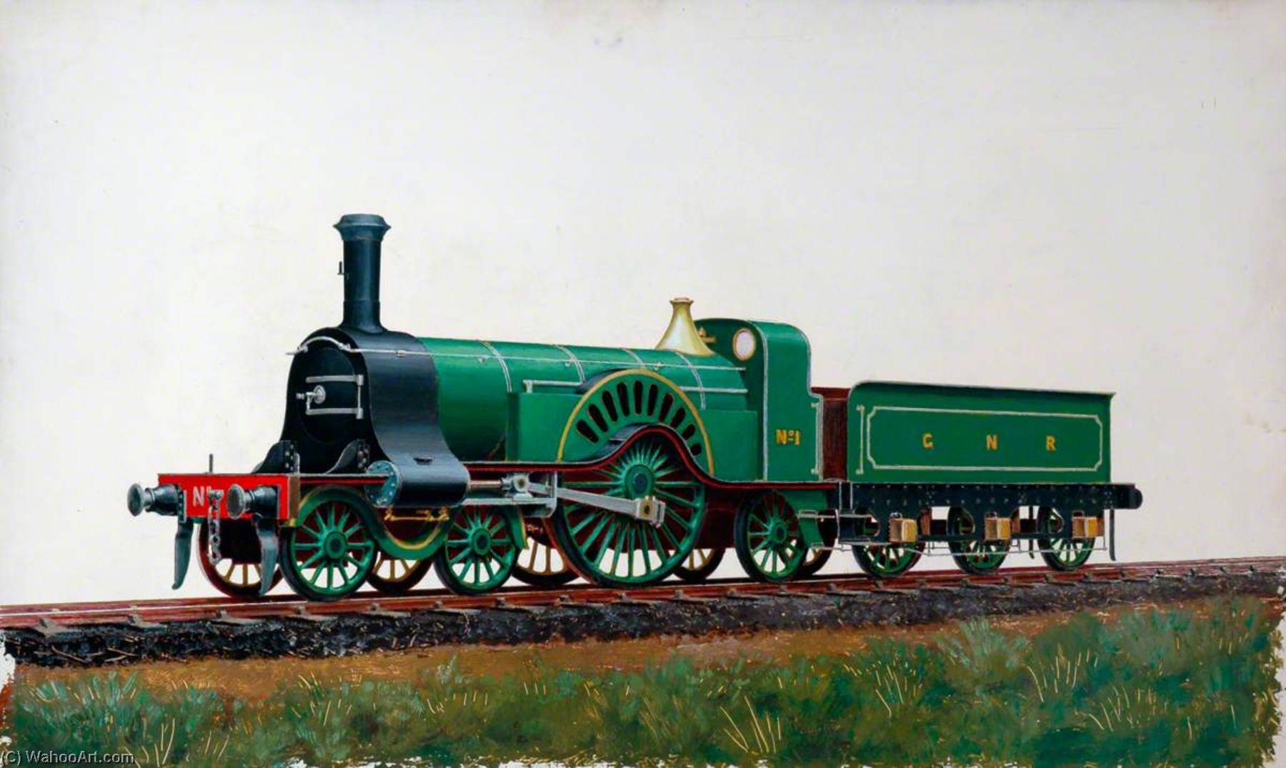 Wikioo.org - The Encyclopedia of Fine Arts - Painting, Artwork by Henry Maurice Whitcombe - Great Northern Railway 4–2–2 Locomotive No.1