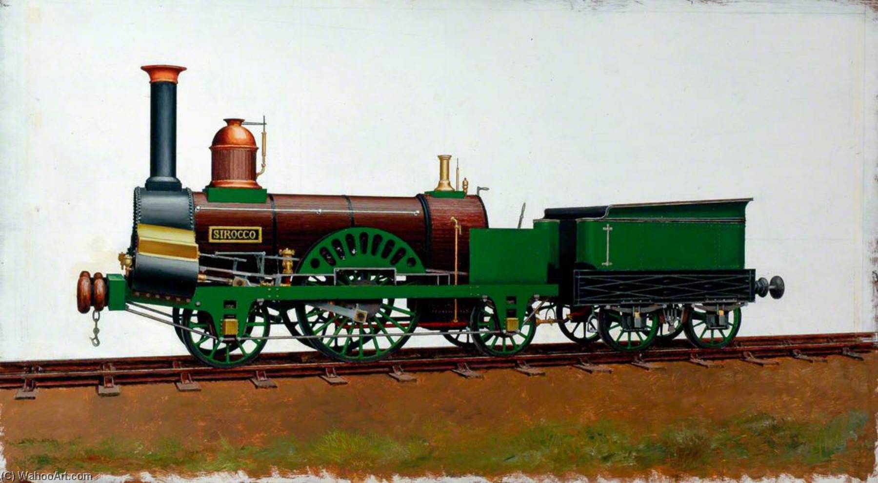 Wikioo.org - The Encyclopedia of Fine Arts - Painting, Artwork by Henry Maurice Whitcombe - Grand Junction Railway 2–2–2 Locomotive 'Sirocco'