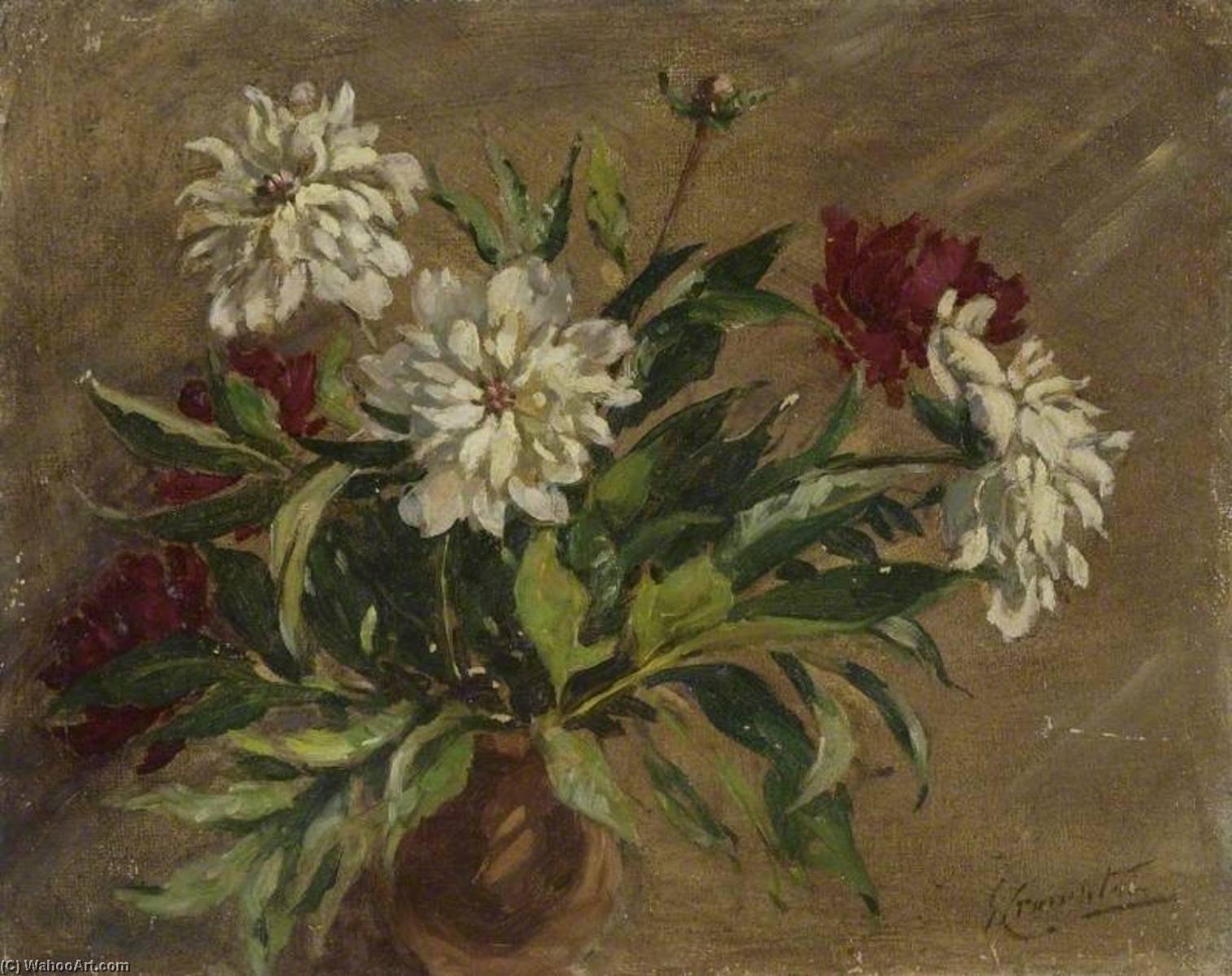 Wikioo.org - The Encyclopedia of Fine Arts - Painting, Artwork by Gertrude Crompton - White and Burgundy Flowers in a Brown Vase