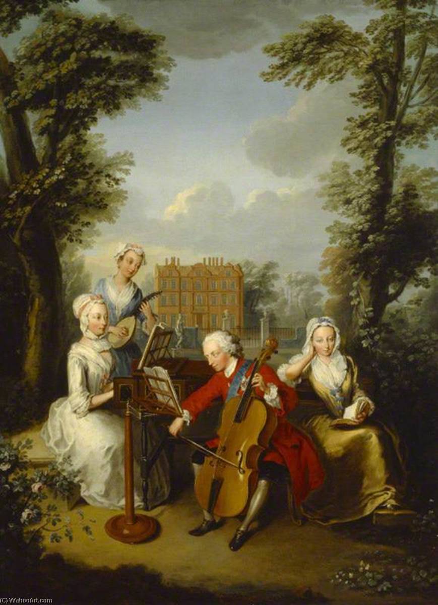 Wikioo.org - The Encyclopedia of Fine Arts - Painting, Artwork by Philippe Mercier - Frederick Louis (1707–1751), Prince of Wales, Accompanied by His Sisters, Anne (1709–1759), Caroline (1713–1757), and Amelia (1711–1786), Making Music at Kew