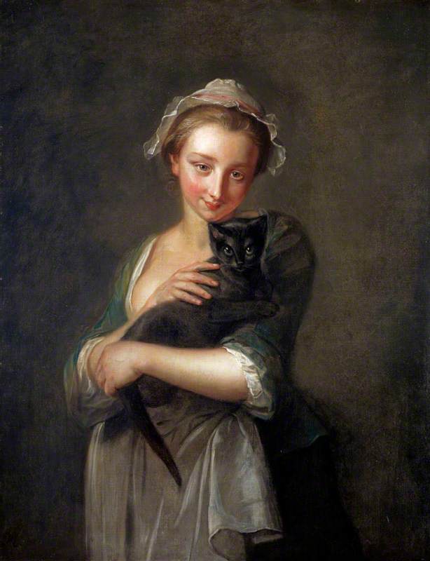 WikiOO.org – 美術百科全書 - 繪畫，作品 Philippe Mercier - 一个 女孩  控股  一个  猫
