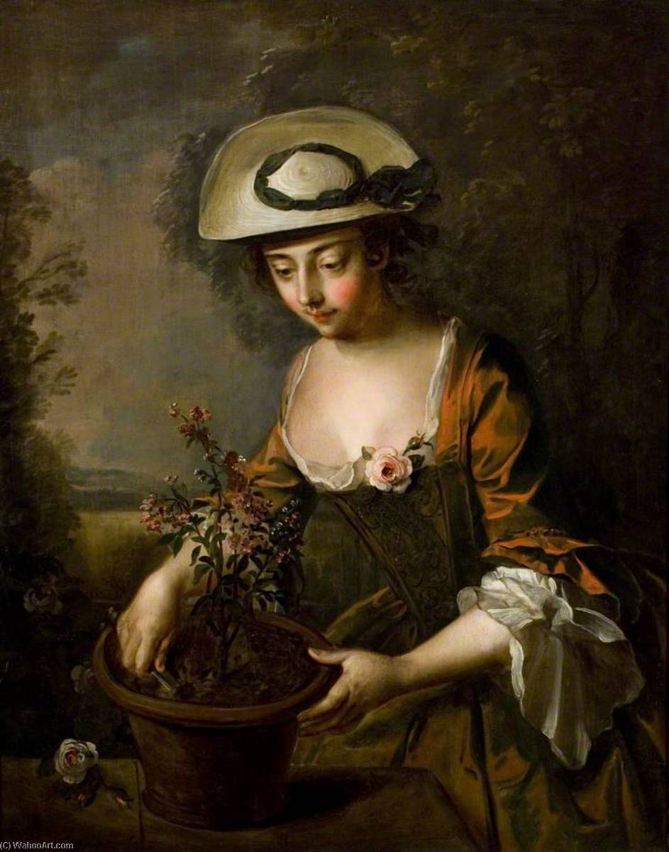 Wikioo.org - The Encyclopedia of Fine Arts - Painting, Artwork by Philippe Mercier - Young Woman with Verbena (Earth)