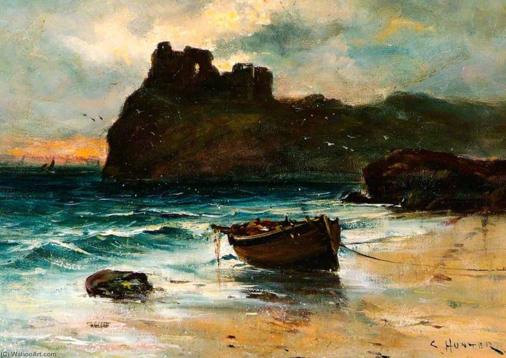 Wikioo.org - The Encyclopedia of Fine Arts - Painting, Artwork by Colin Hunter - Seascape with a Castle