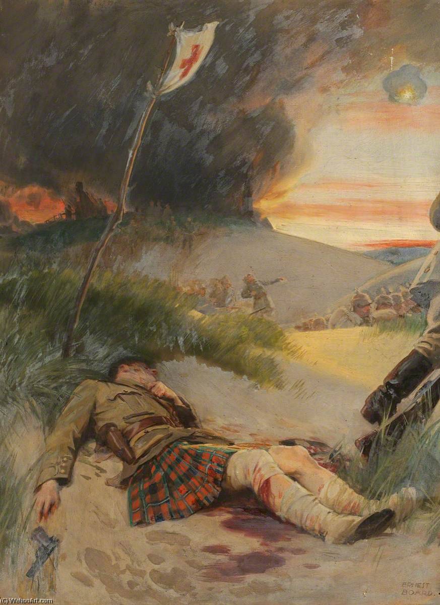 Wikioo.org - The Encyclopedia of Fine Arts - Painting, Artwork by Ernest Board - First World War A Scottish Soldier, Wearing the Kilt, Lying Wounded on a Battlefield