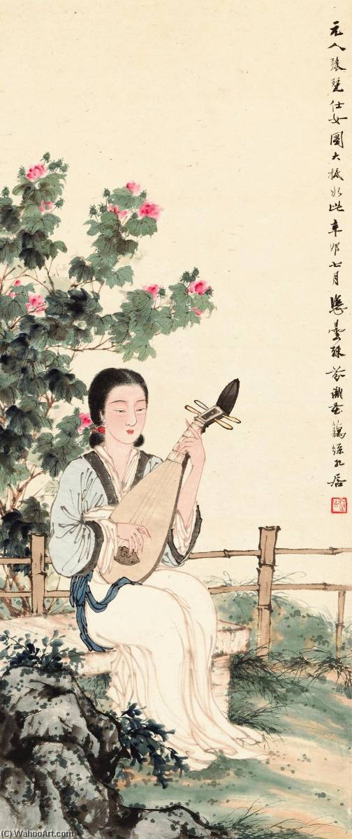 Wikioo.org - The Encyclopedia of Fine Arts - Painting, Artwork by Deng Fen - Lady Playing Pipa