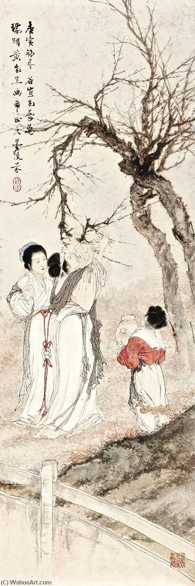 Wikioo.org - The Encyclopedia of Fine Arts - Painting, Artwork by Deng Fen - LADIES HARVESTING PLUMS