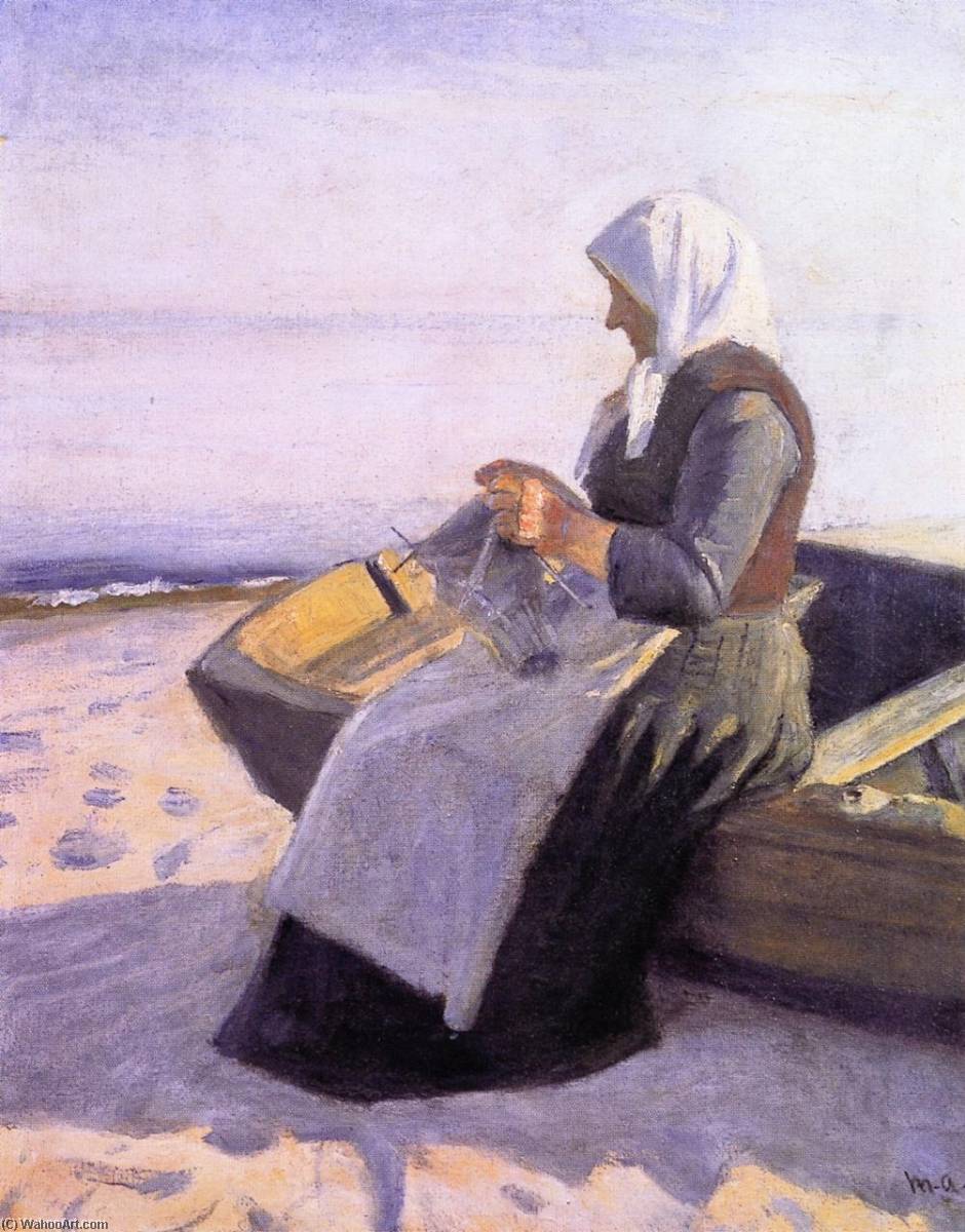 Wikioo.org - The Encyclopedia of Fine Arts - Painting, Artwork by Michael Peter Ancher - Fisherman's Wife Knitting on Skagen Beach
