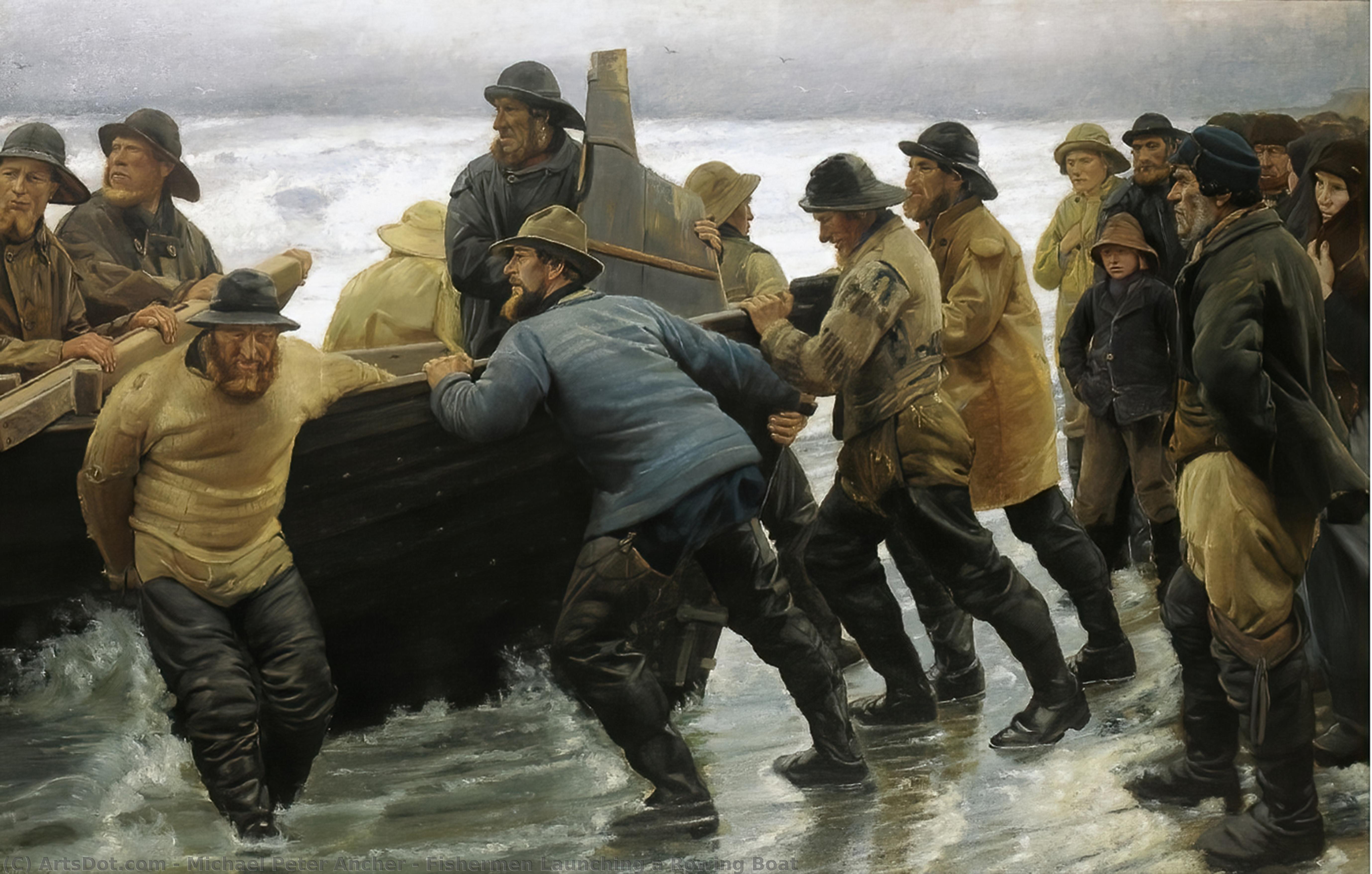 Wikioo.org - The Encyclopedia of Fine Arts - Painting, Artwork by Michael Peter Ancher - Fishermen Launching a Rowing Boat