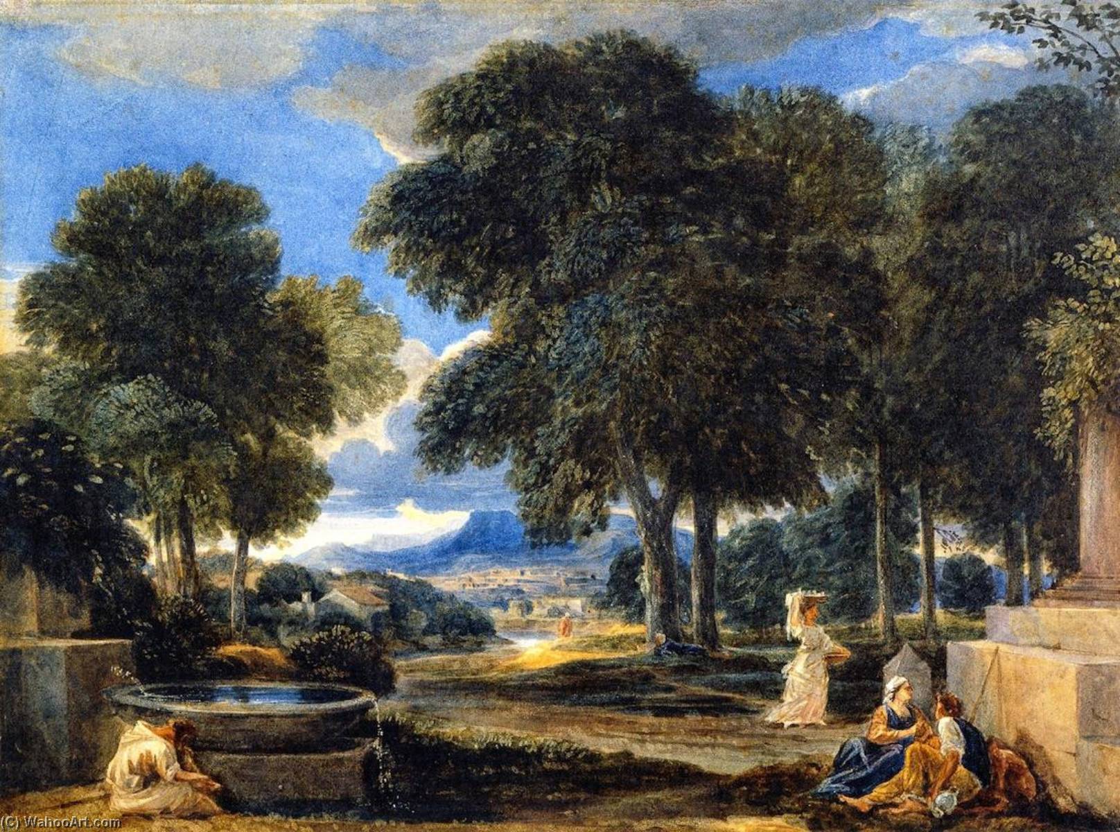 Wikioo.org - The Encyclopedia of Fine Arts - Painting, Artwork by David Cox The Elder - Landscape with a Man Washing His Feet at a Fountain after Poissin