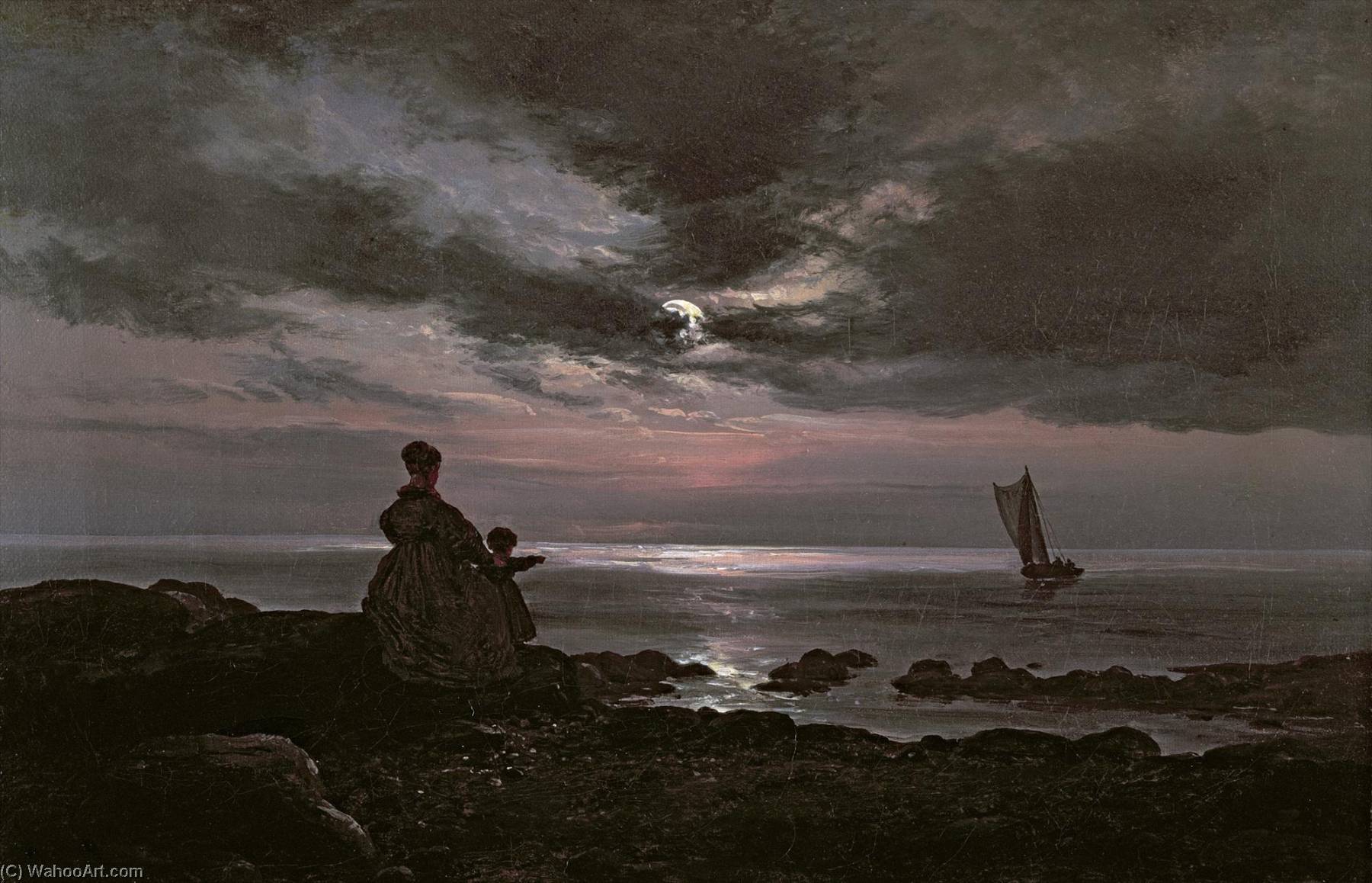Wikioo.org - The Encyclopedia of Fine Arts - Painting, Artwork by Johan Christian Clausen Dahl - Norwegian Mor og barn ved sjøen Mother and Child by the Sea