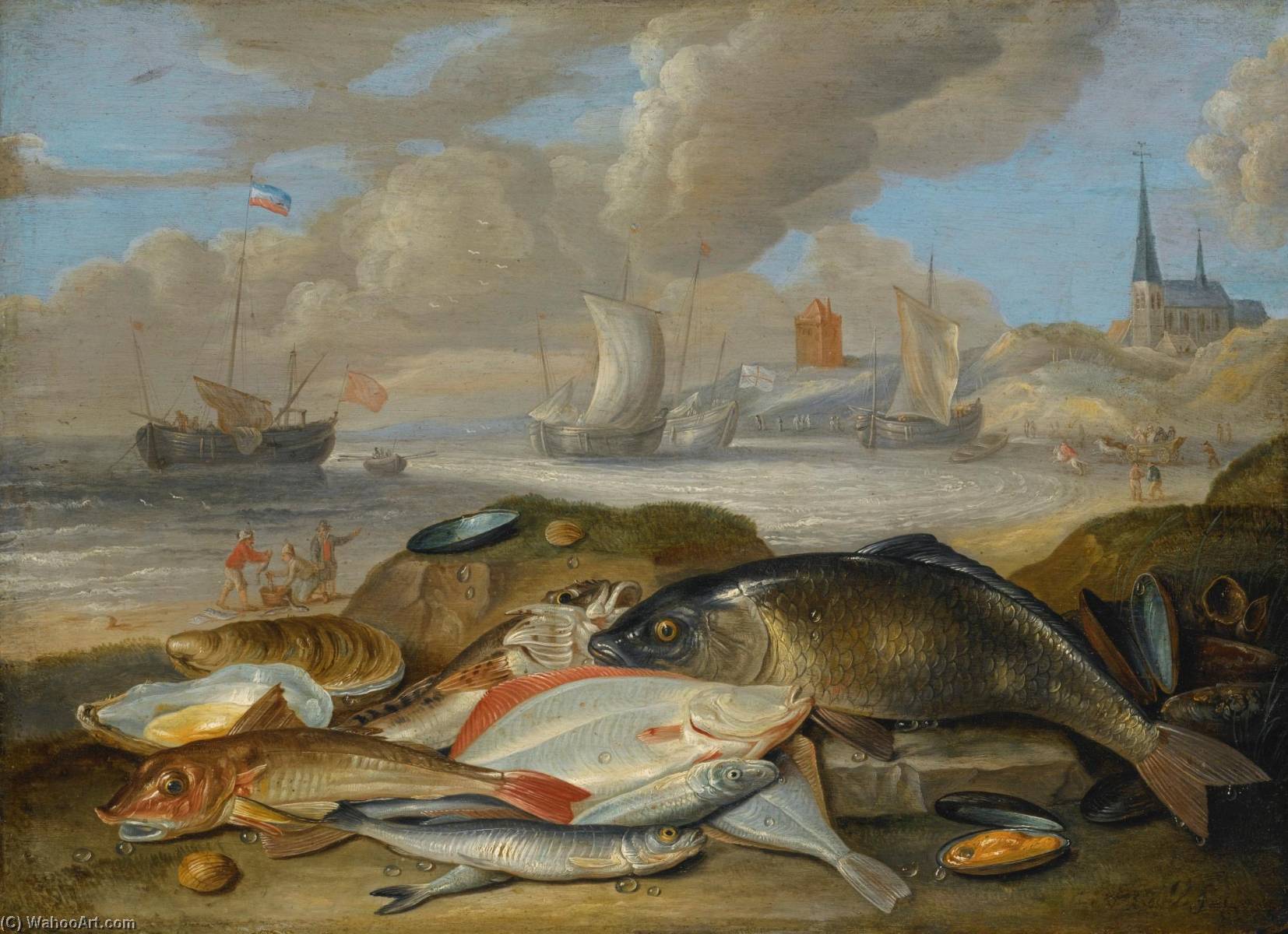 Wikioo.org - The Encyclopedia of Fine Arts - Painting, Artwork by Jan Van Kessel The Elder - Still life of fish in a harbor landscape, possibly an allegory of the element of water
